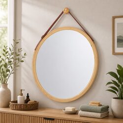 Hanging Wall Mirror 45cm Round Bamboo Frame Adjustable Leather Strap Bathroom