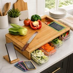 Large Bamboo Cutting Board: 31x44cm with 4 Trays