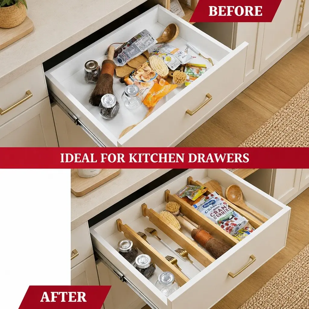 Bamboo Adjustable Kitchen Drawer Dividers 4 Pack Expandable Organizer 44-55cm