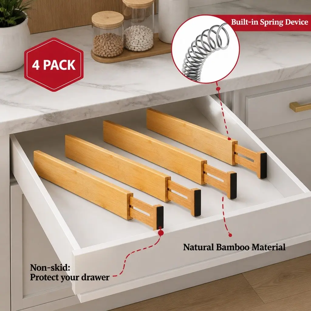 Bamboo Adjustable Kitchen Drawer Dividers 4 Pack Expandable Organizer 44-55cm