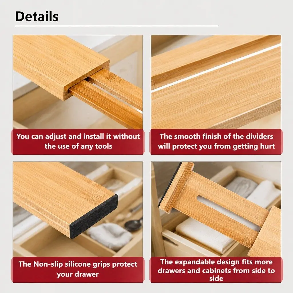Bamboo Adjustable Kitchen Drawer Dividers 4 Pack Expandable Organizer 44-55cm