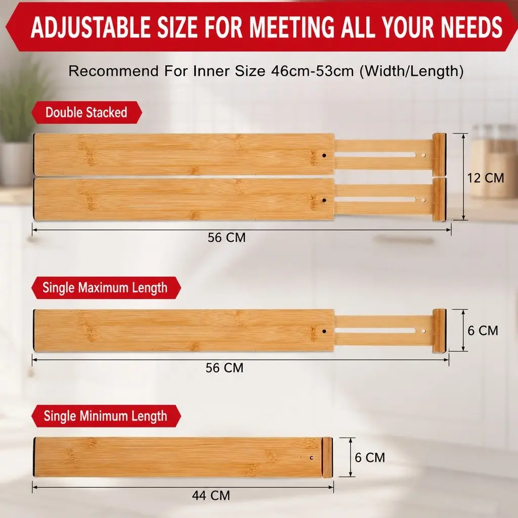 Bamboo Adjustable Kitchen Drawer Dividers 4 Pack Expandable Organizer 44-55cm