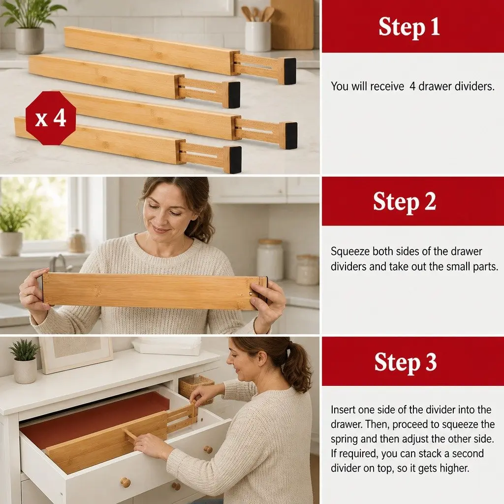 Bamboo Adjustable Kitchen Drawer Dividers 4 Pack Expandable Organizer 44-55cm
