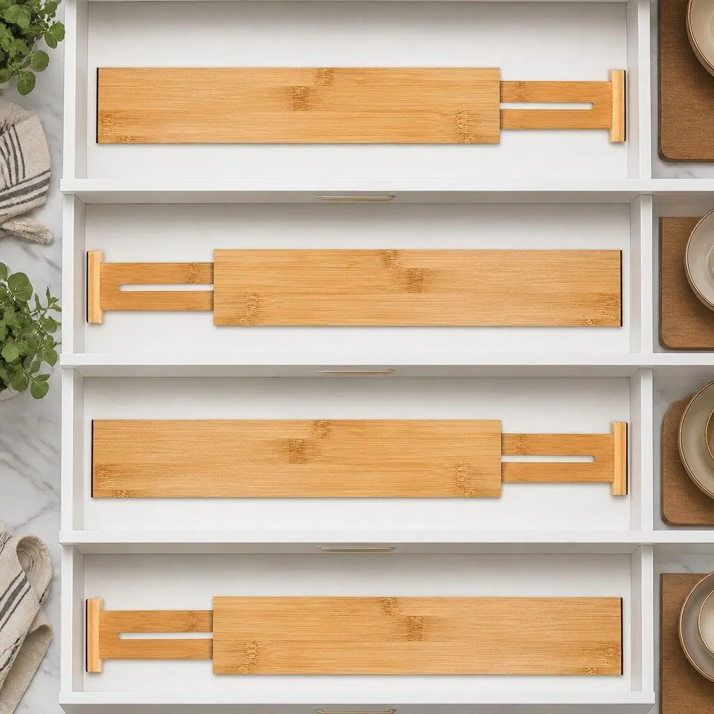 Bamboo Adjustable Kitchen Drawer Dividers 4 Pack Expandable Organizer 44-55cm