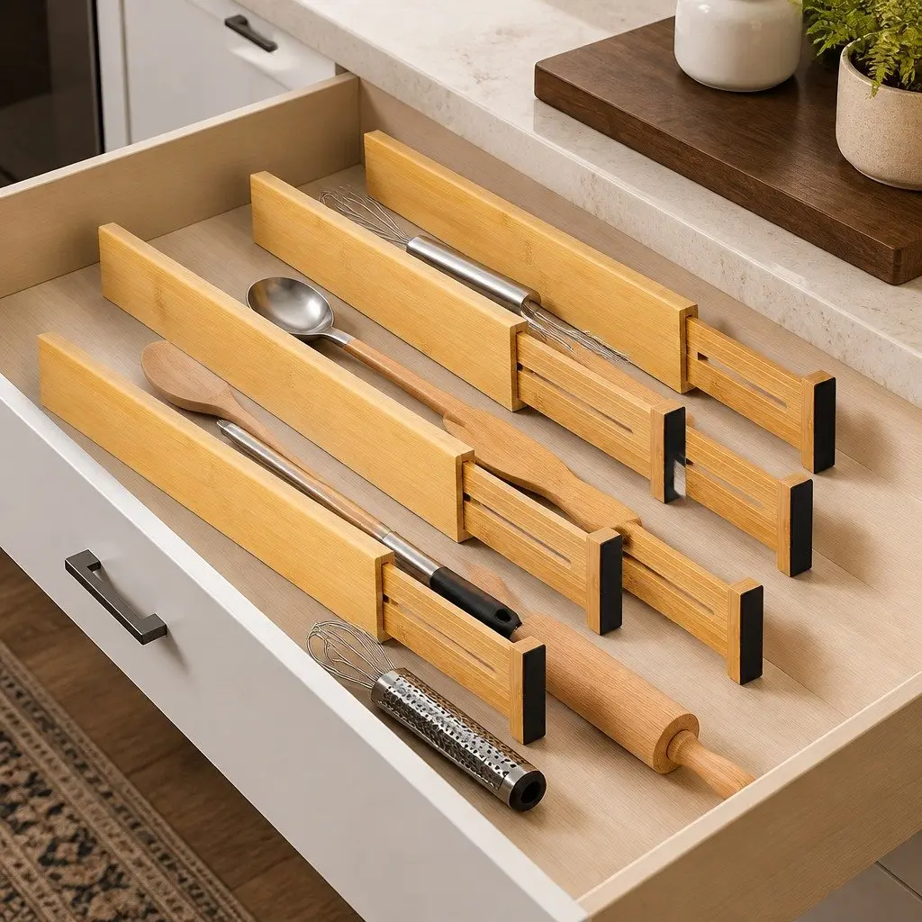 Kitchen Drawer Dividers 6 Pack Adjustable Bamboo Organizer Storage 44-55cm