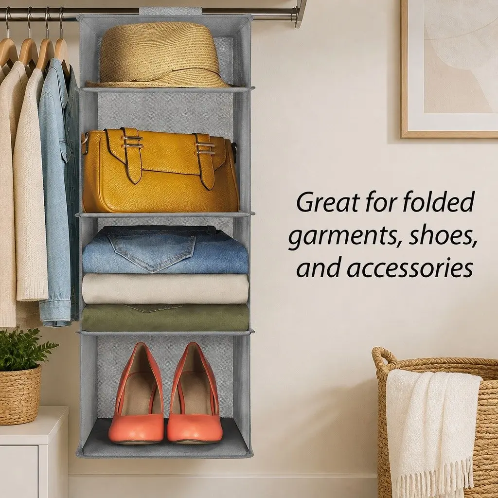 5 Tier Hanging Closet Organizer Shelf Storage for Clothes Accessories Foldable
