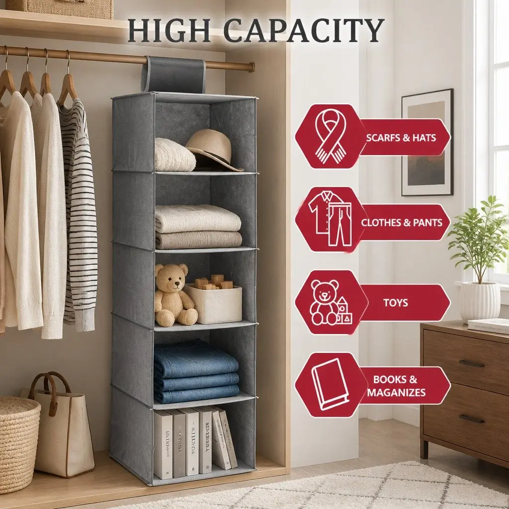 5 Tier Hanging Closet Organizer Shelf Storage for Clothes Accessories Foldable
