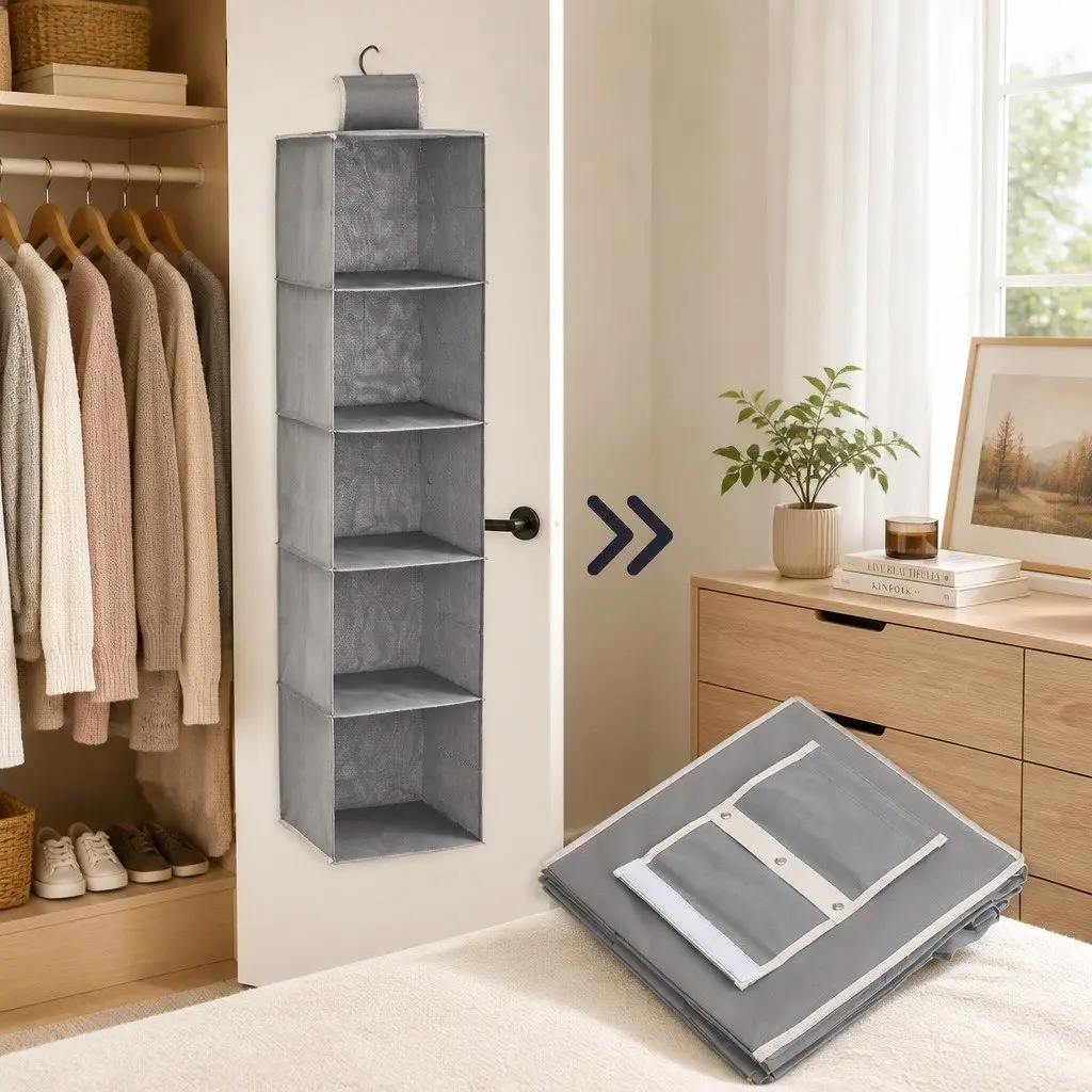 5 Tier Hanging Closet Organizer Shelf Storage for Clothes Accessories Foldable