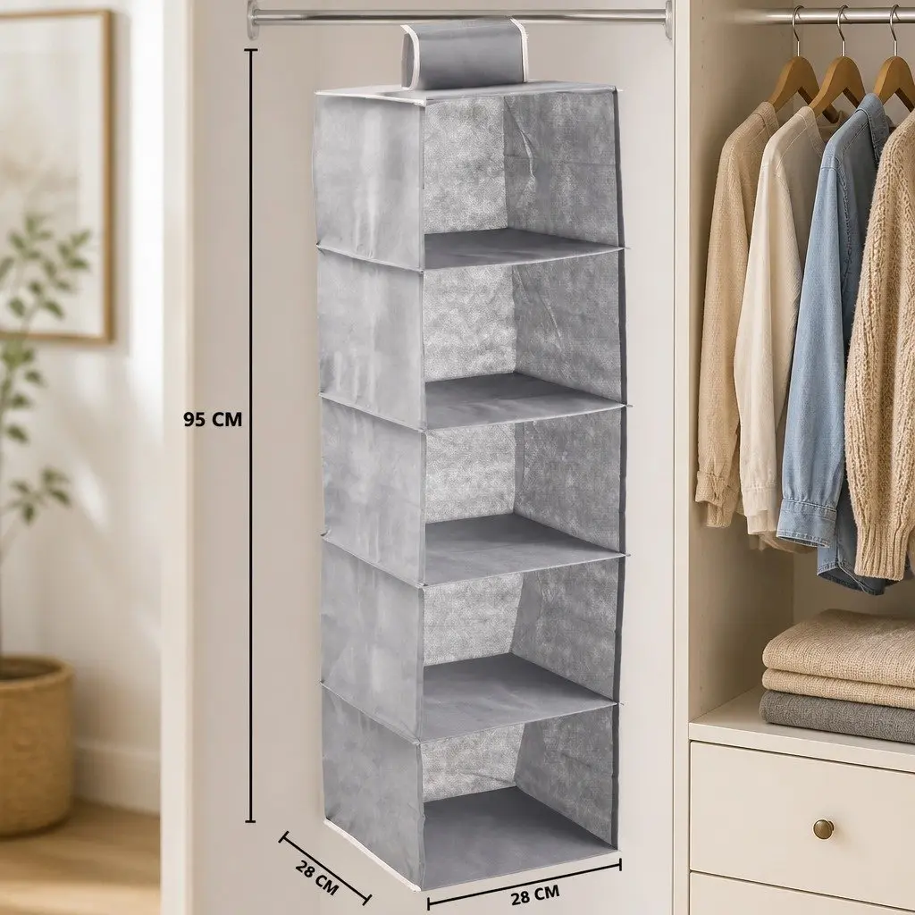 5 Tier Hanging Closet Organizer Shelf Storage for Clothes Accessories Foldable