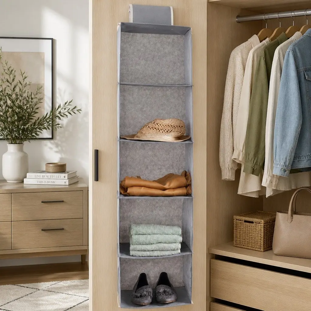 5 Tier Hanging Closet Organizer Shelf Storage for Clothes Accessories Foldable