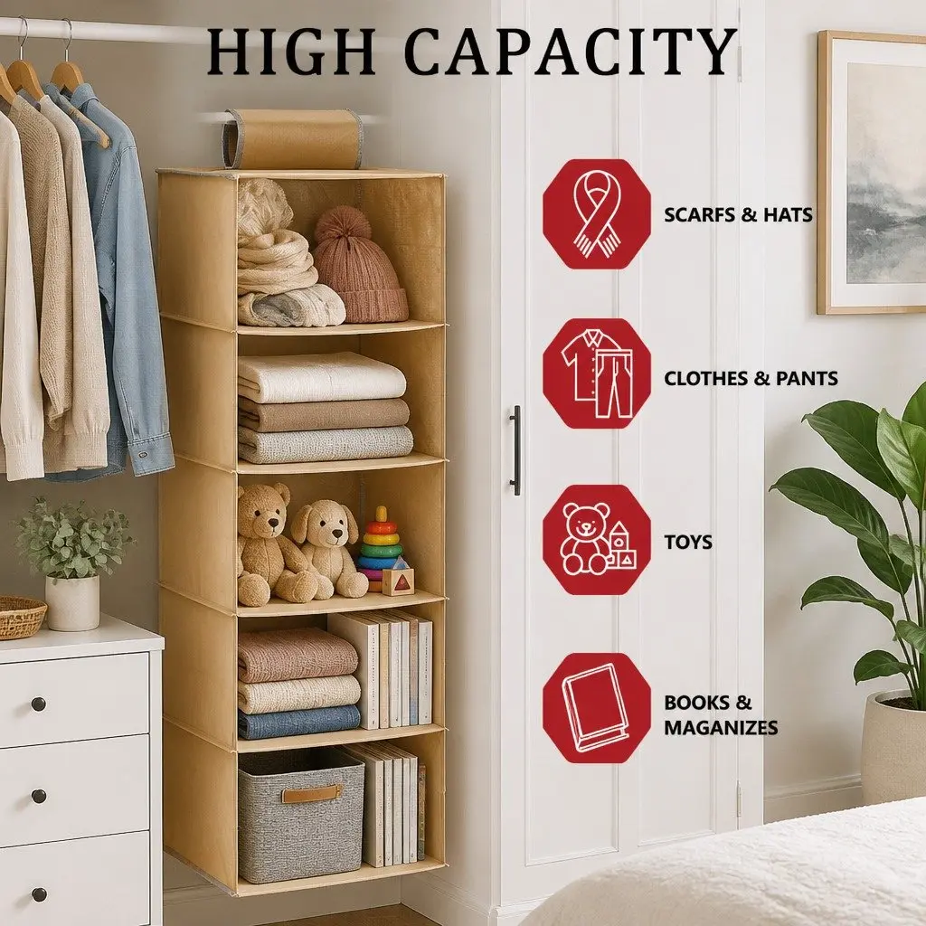 5 Tier Hanging Closet Organizer for Clothes Space Saving