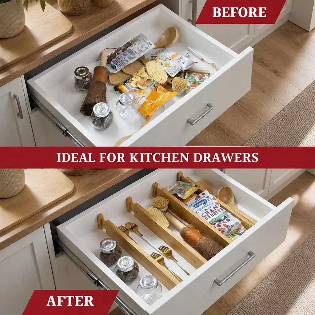Kitchen Drawer Dividers 8 Pack Bamboo Adjustable Expandable Storage Organizer