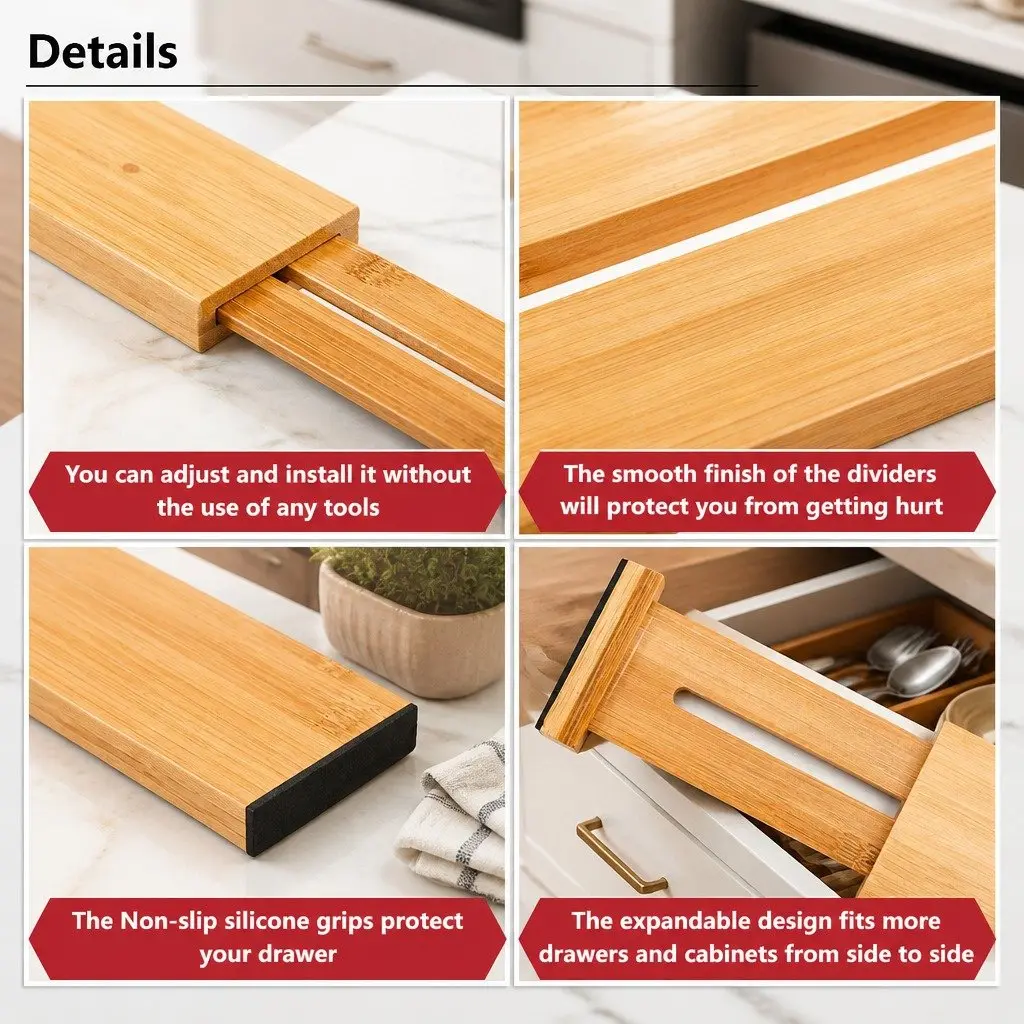 Adjustable Bamboo Drawer Dividers 12 Pack