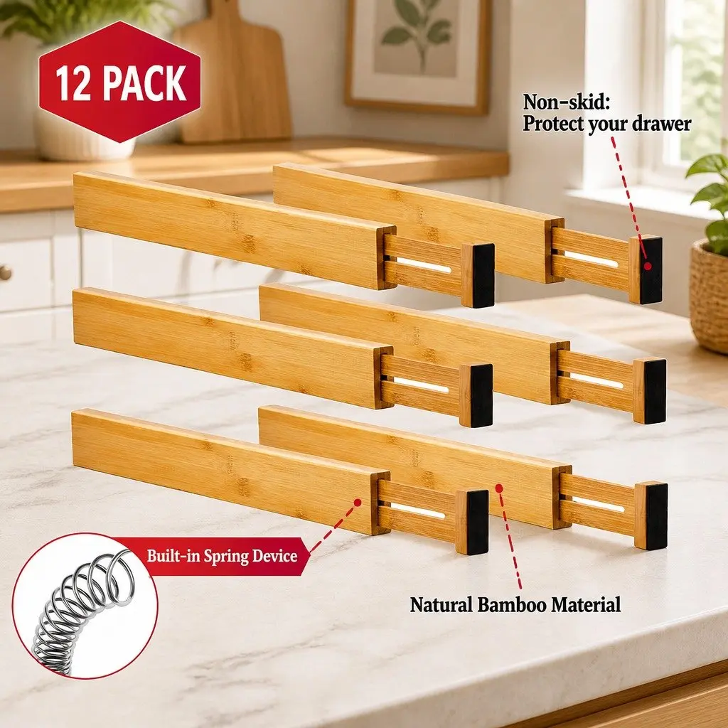 Adjustable Bamboo Drawer Dividers 12 Pack