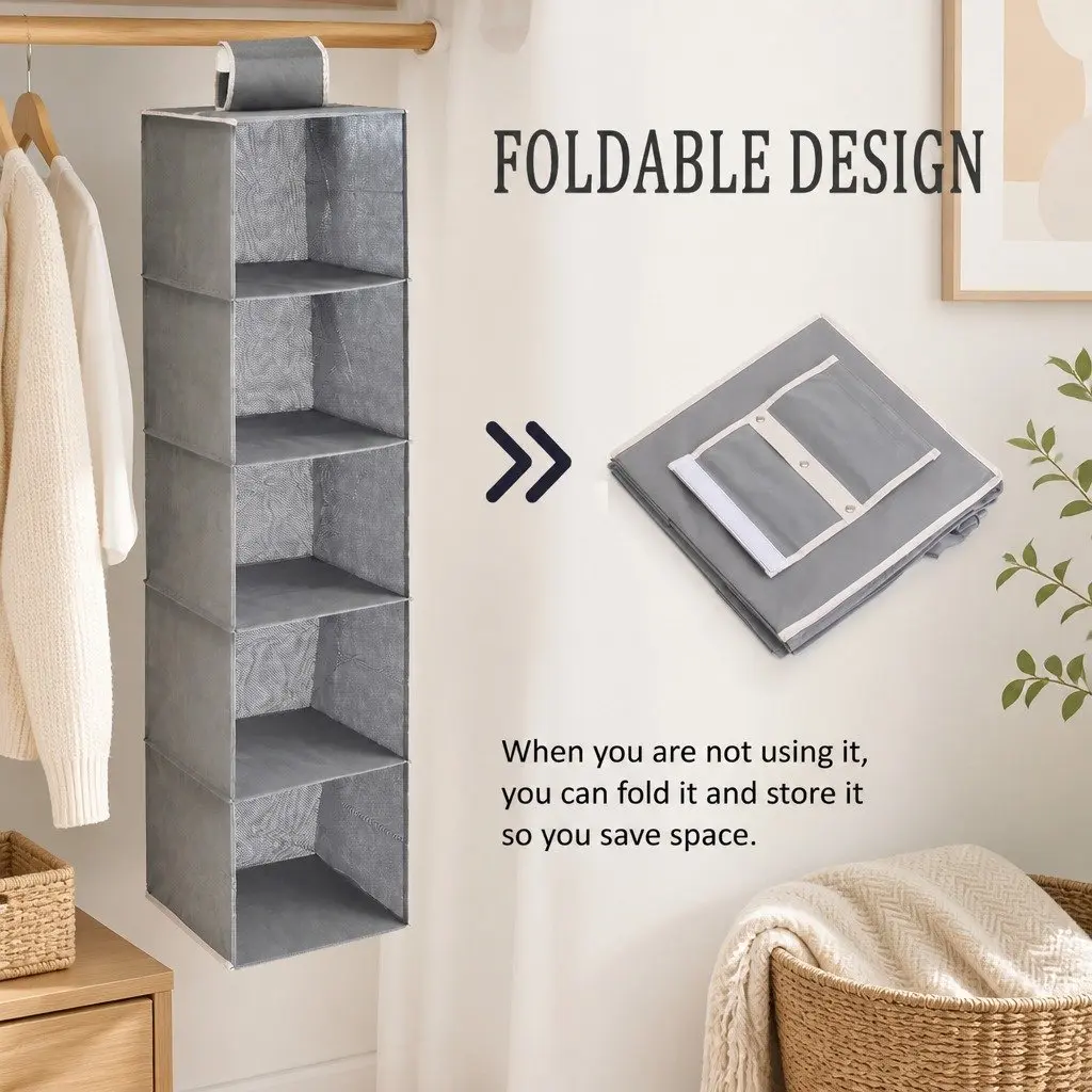 Hanging Closet Organizer 5-Tier Shelf Storage Clothes Foldable Grey 2 Pack
