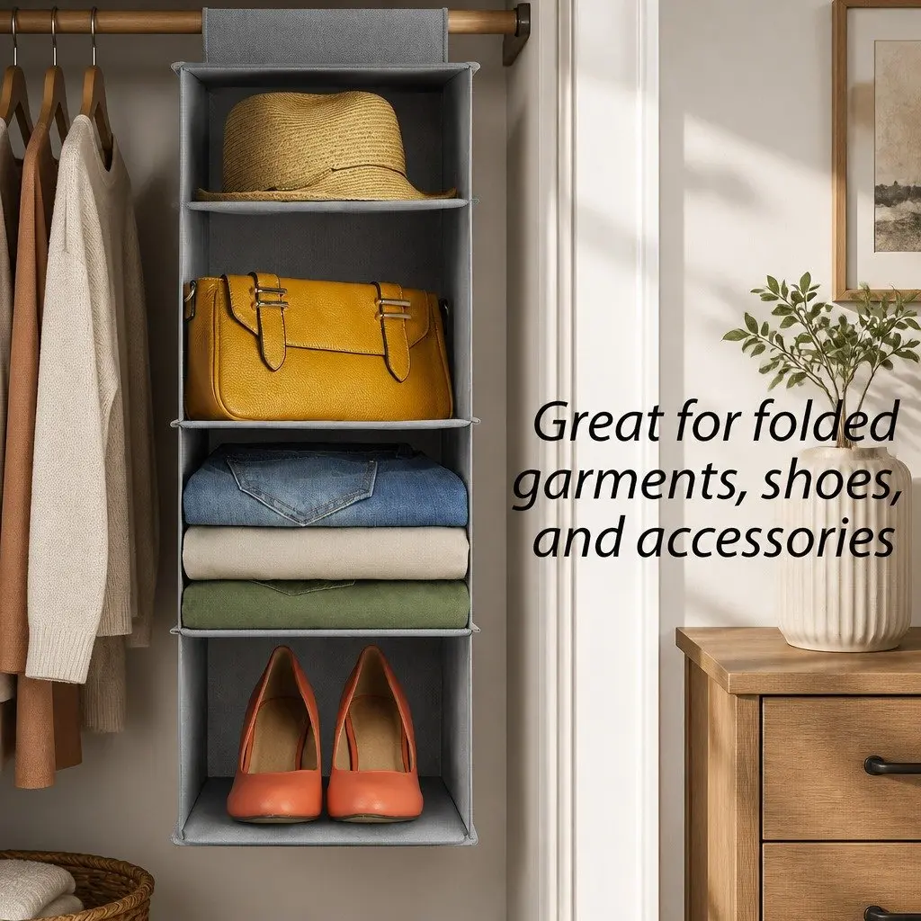 Hanging Closet Organizer 5-Tier Shelf Storage Clothes Foldable Grey 2 Pack