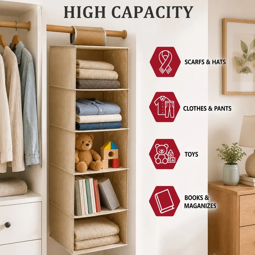 Hanging Closet Organizer for Clothes 5-Tier Shelf Storage Foldable