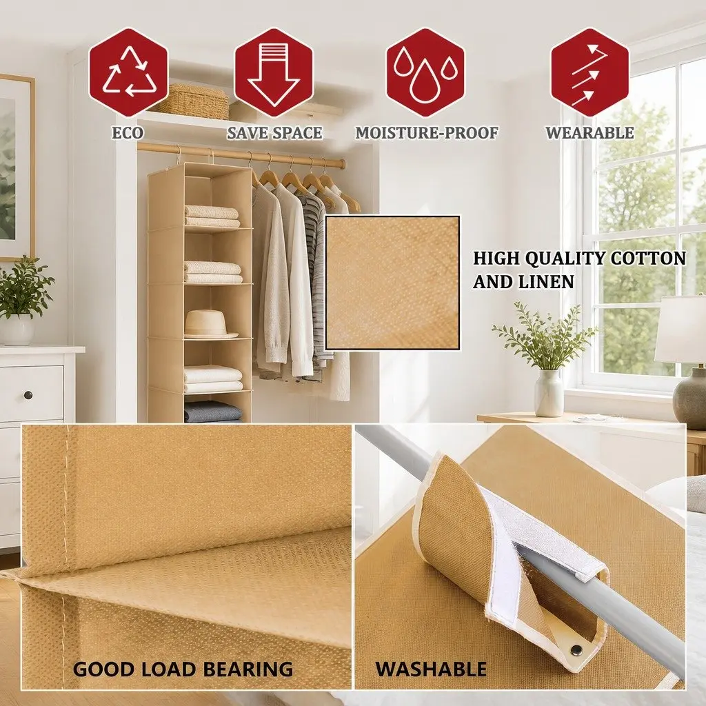 Hanging Closet Organizer for Clothes 5-Tier Shelf Storage Foldable