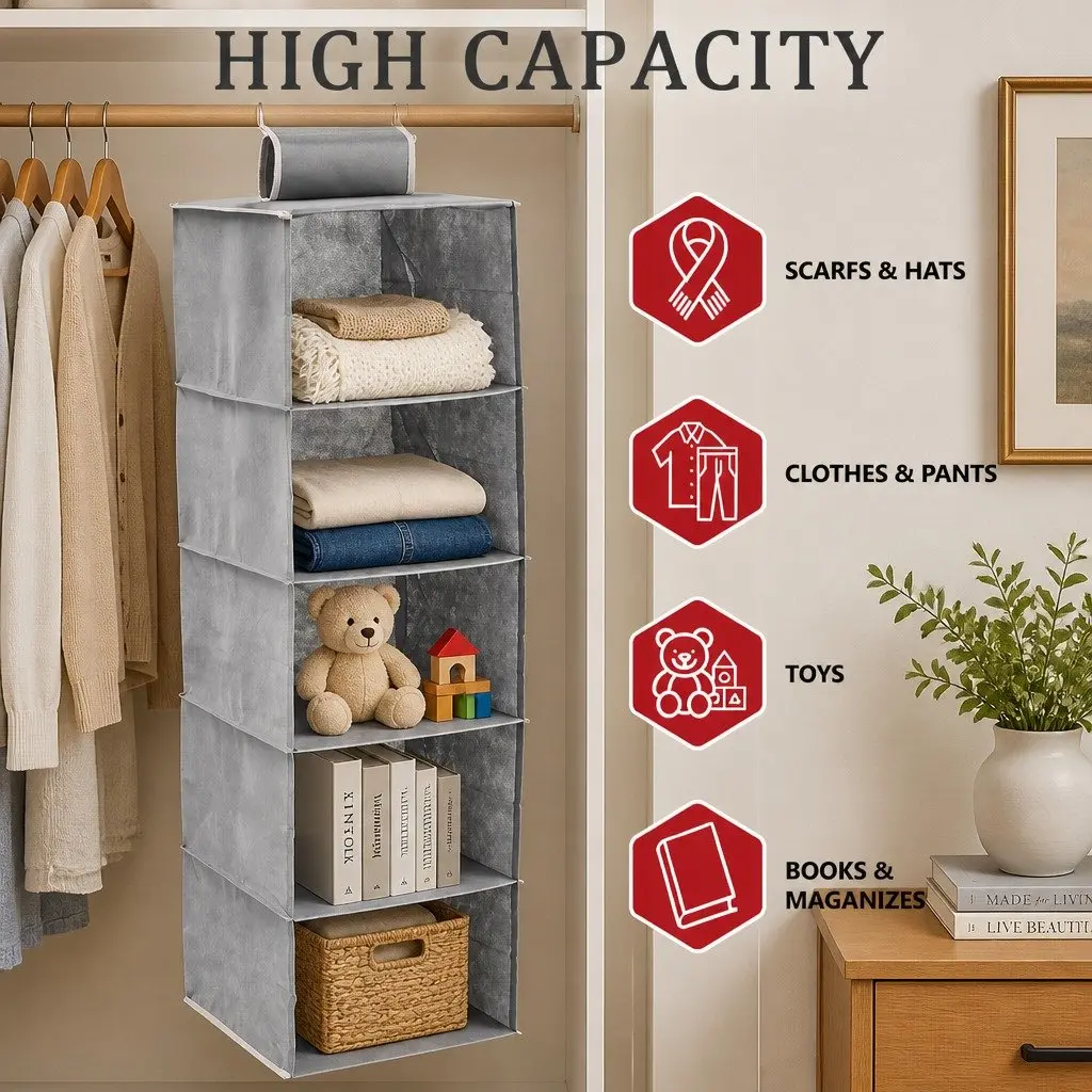 3-Pack Hanging Closet Organizer 5-Tier Shelf Storage for Clothes Wardrobe