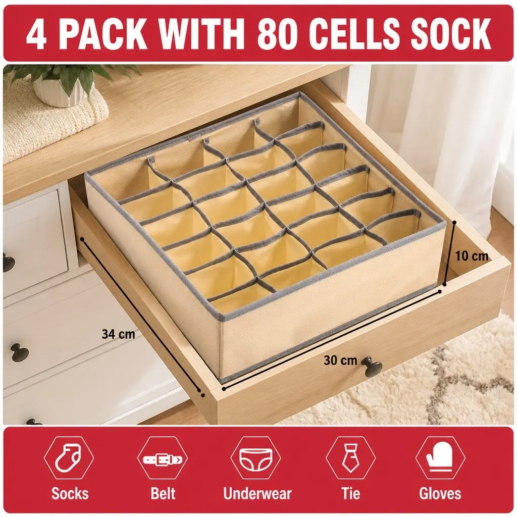 Drawer Organizer Storage Boxes Set of 4 Fabric Dividers for Closet Wardrobe