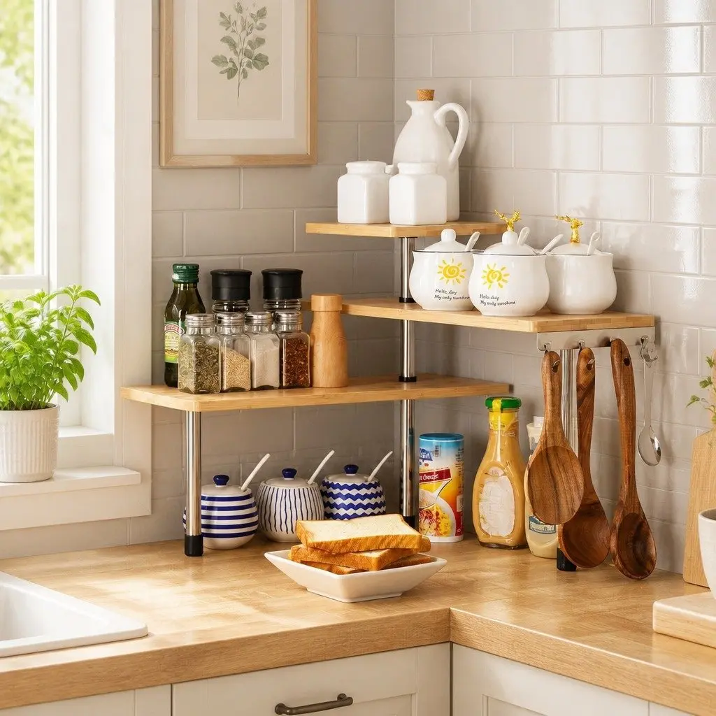 3 Tier Corner Shelf Kitchen Spice Rack Organiser with Hooks Bamboo Wall Storage