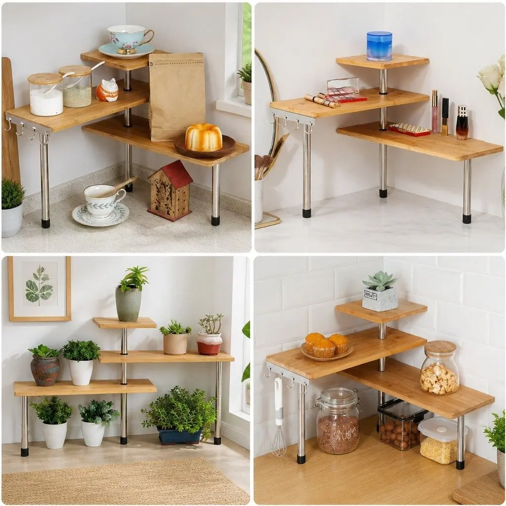 3 Tier Corner Shelf Kitchen Spice Rack Organiser with Hooks Bamboo Wall Storage