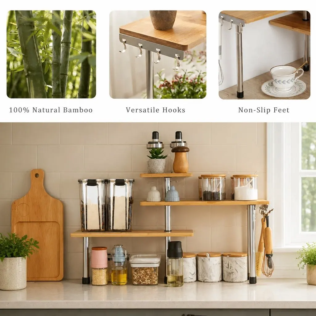 3 Tier Corner Shelf Kitchen Spice Rack Organiser with Hooks Bamboo Wall Storage
