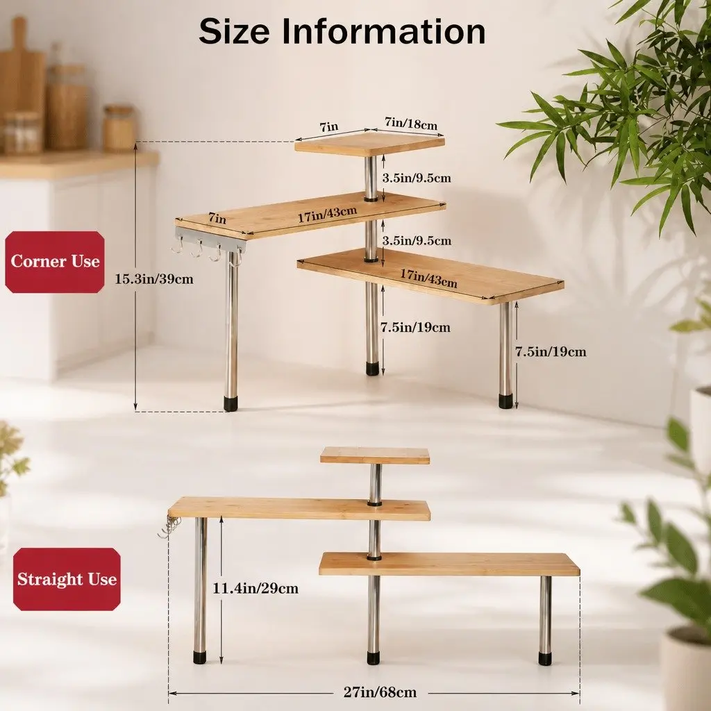 3 Tier Corner Shelf Kitchen Spice Rack Organiser with Hooks Bamboo Wall Storage