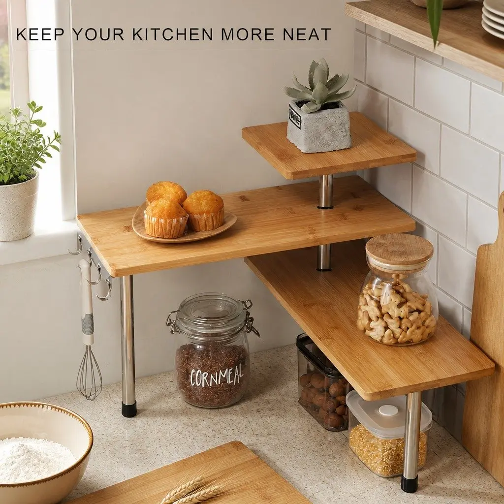 3 Tier Corner Shelf Kitchen Spice Rack Organiser with Hooks Bamboo Wall Storage