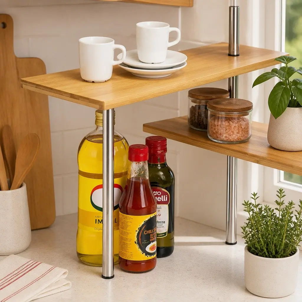 3 Tier Corner Shelf Kitchen Spice Rack Organiser with Hooks Bamboo Wall Storage