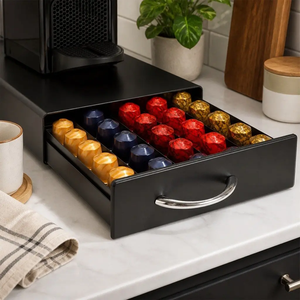 Coffee Pods Holder Storage Drawer Organiser for Kitchen Black