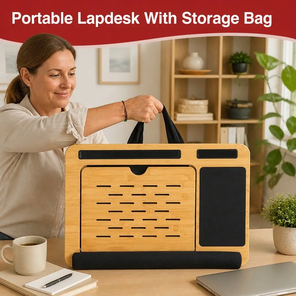 Bamboo Laptop Lap Desk Adjustable Angle Cushion Pad Stand Office Home Bed Sofa