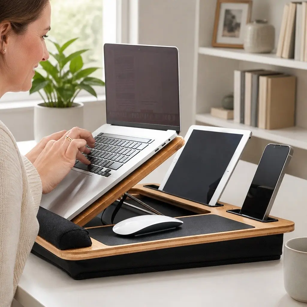 Bamboo Laptop Lap Desk Adjustable Angle Cushion Pad Stand Office Home Bed Sofa