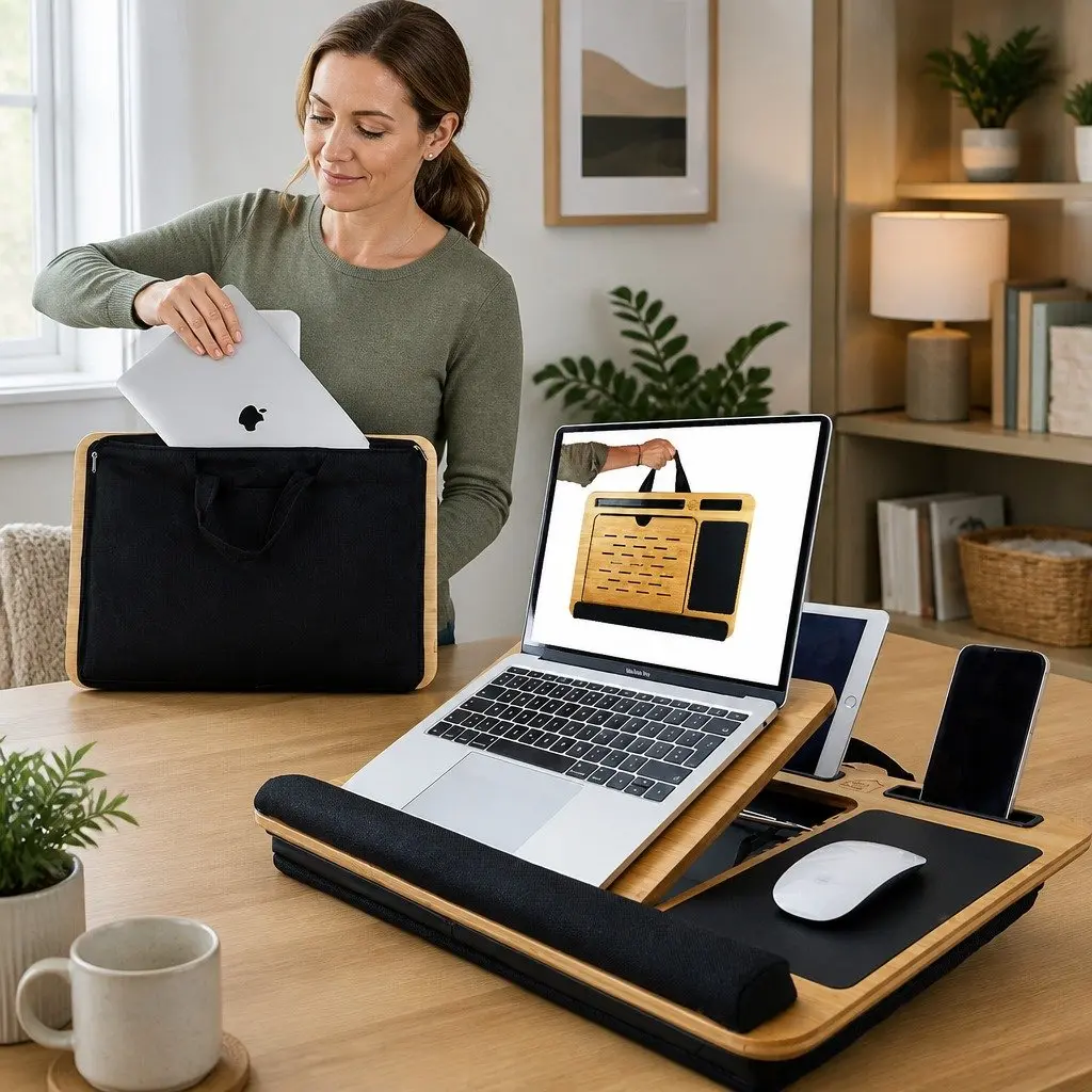 Bamboo Lap Desk for Bed Sofa Office Adjustable Angle with Cushion and Tablet Phone Holder Sleeve