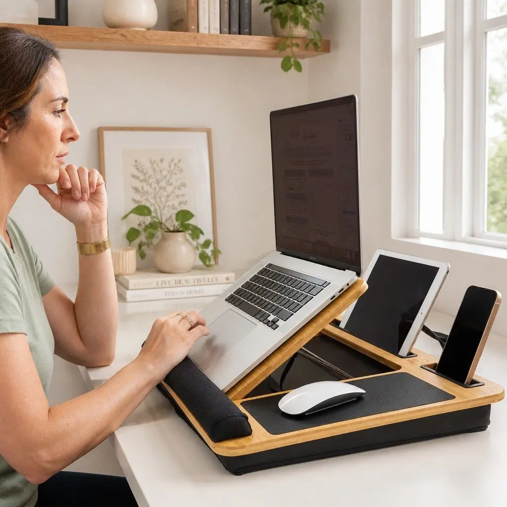 Bamboo Lap Desk for Bed Sofa Office Adjustable Angle with Cushion and Tablet Phone Holder Sleeve