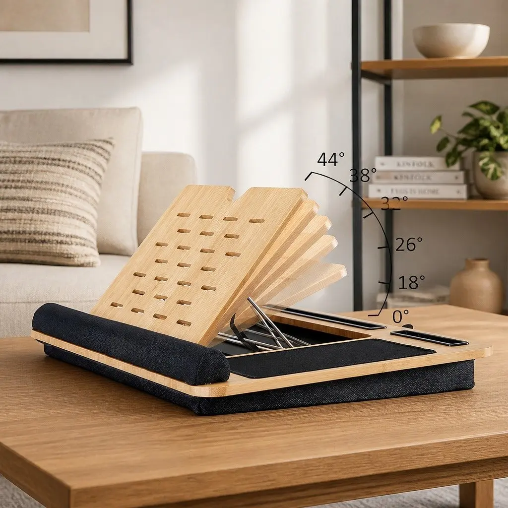 Bamboo Lap Desk for Bed Sofa Office Adjustable Angle with Cushion and Tablet Phone Holder Sleeve