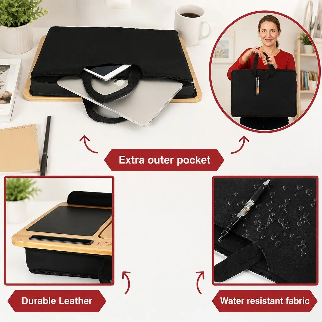 Bamboo Lap Desk for Bed Sofa Office Adjustable Angle with Cushion and Tablet Phone Holder Sleeve