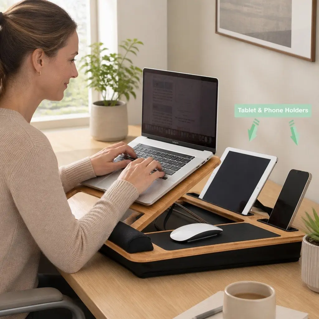 Bamboo Lap Desk for Bed Sofa Office Adjustable Angle with Cushion and Tablet Phone Holder Sleeve