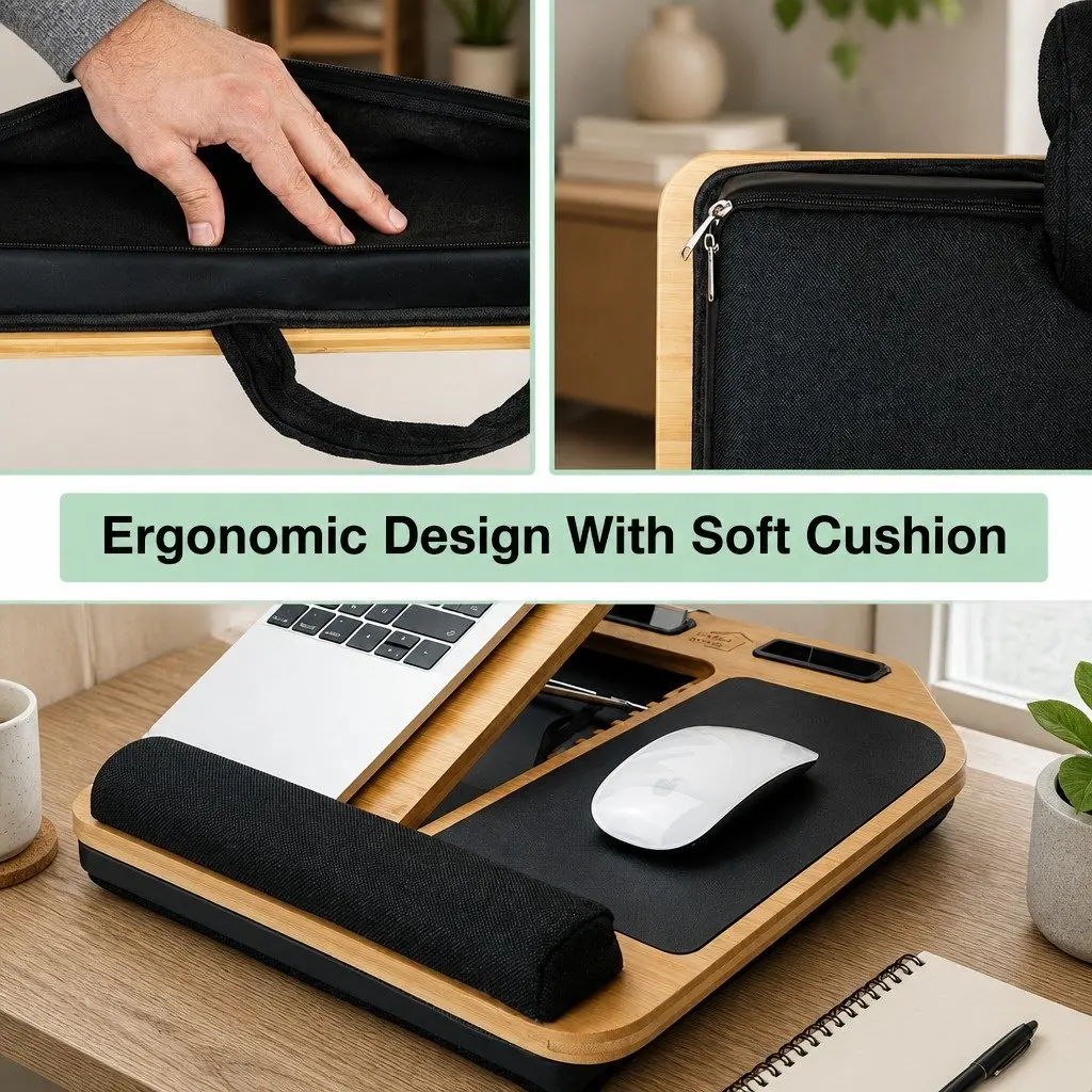 Bamboo Lap Desk for Bed Sofa Office Adjustable Angle with Cushion and Tablet Phone Holder Sleeve
