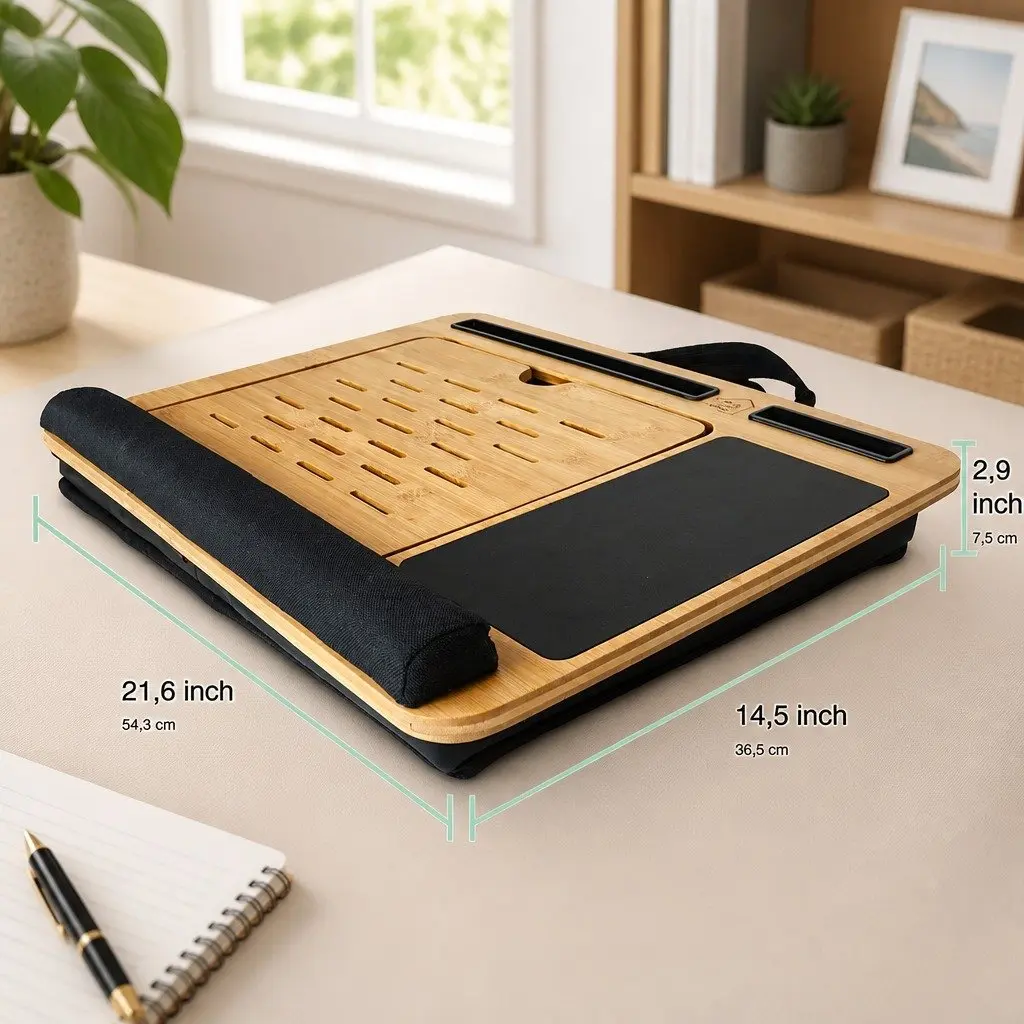 Bamboo Lap Desk for Bed Sofa Office Adjustable Angle with Cushion and Tablet Phone Holder Sleeve