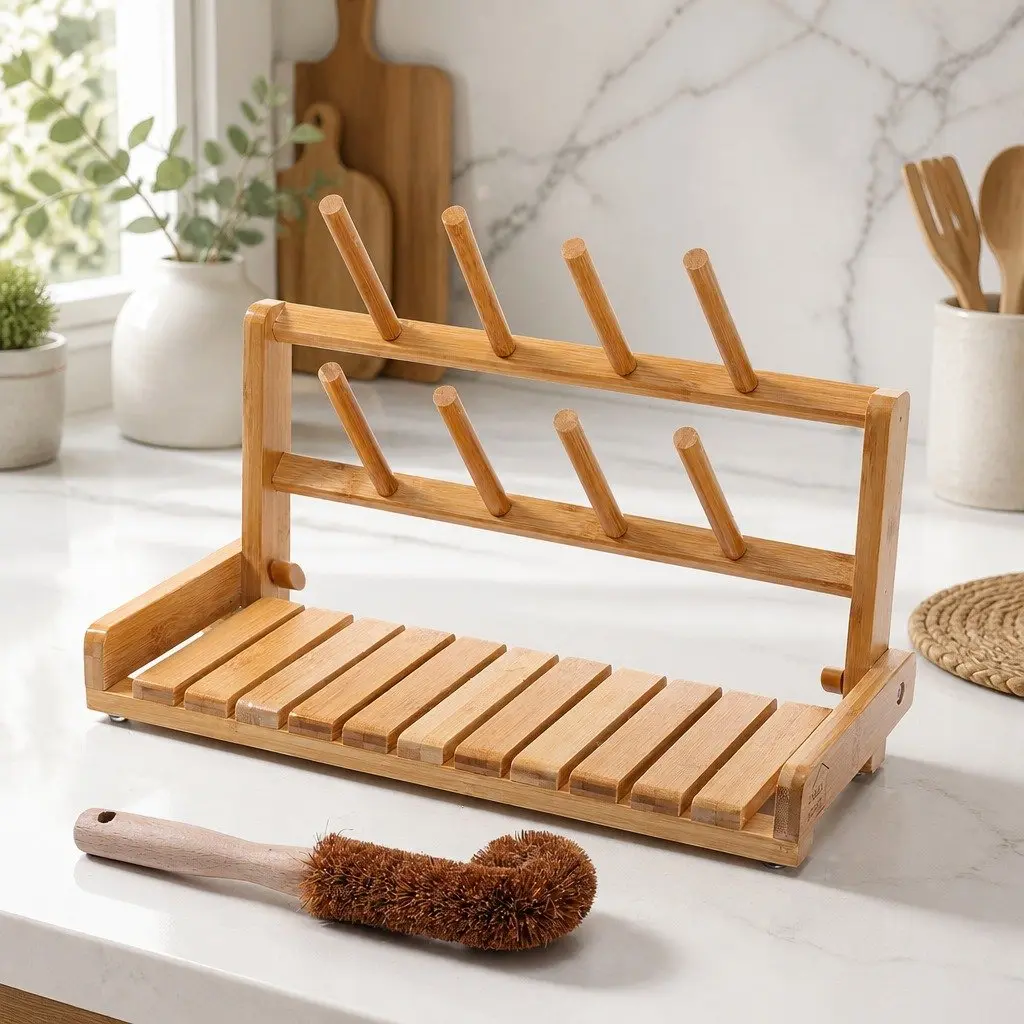 Portable Bamboo Baby Bottle Drying Rack Storage Organizer for Kitchen Counter