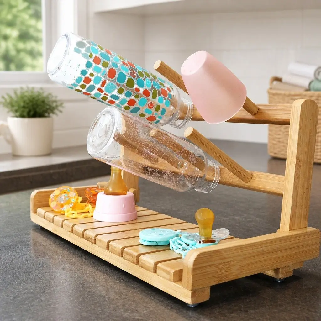 Portable Bamboo Baby Bottle Drying Rack Storage Organizer for Kitchen Counter