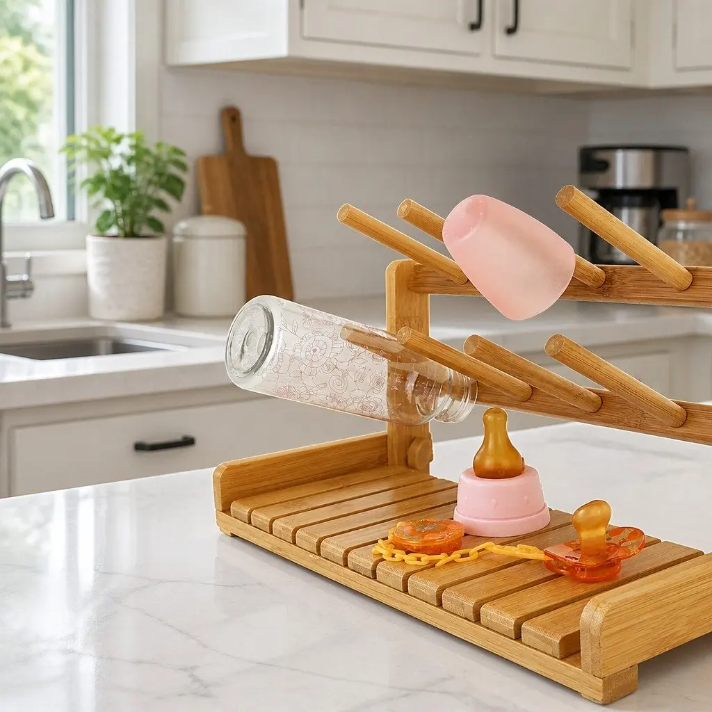 Portable Bamboo Baby Bottle Drying Rack Storage Organizer for Kitchen Counter