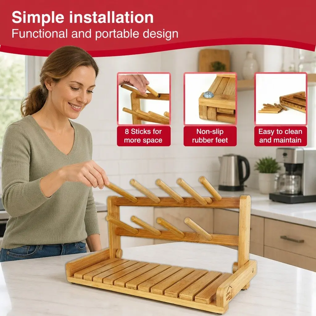Portable Bamboo Baby Bottle Drying Rack Storage Organizer for Kitchen Counter