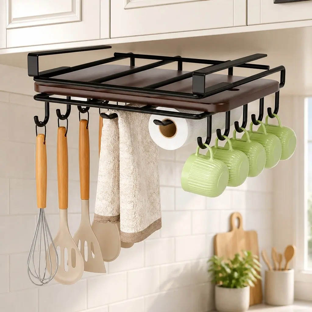 Under Cabinet Organizer Kitchen Storage Multifunctional Cutting Board Holder with Hooks