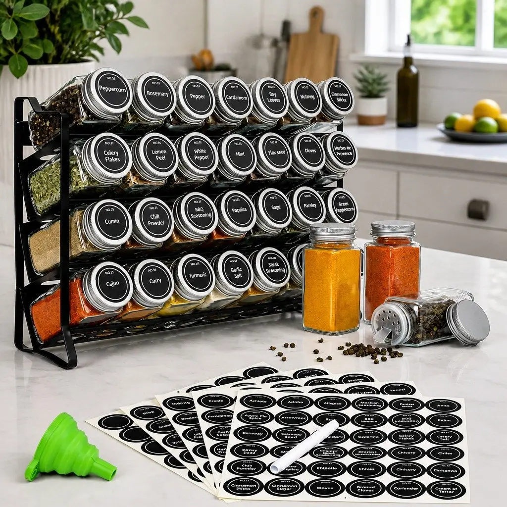 4-Tier Spice Rack Organiser with 28 Glass Jars, Labels, Funnel and Marker for