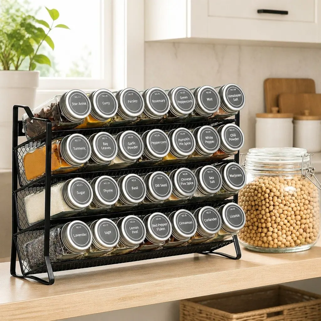 4-Tier Spice Rack Organiser with 28 Glass Jars, Labels, Funnel and Marker for