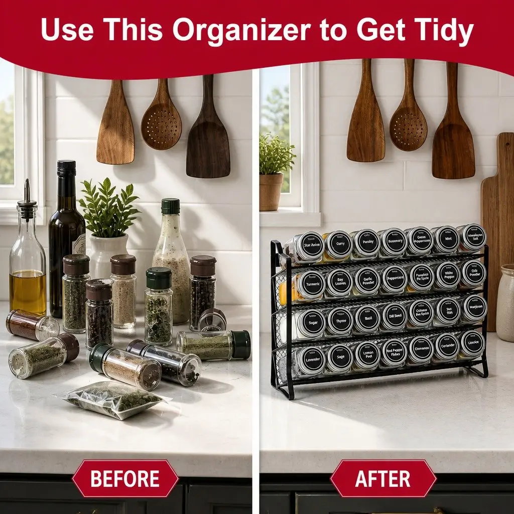 4-Tier Spice Rack Organiser with 28 Glass Jars, Labels, Funnel and Marker for