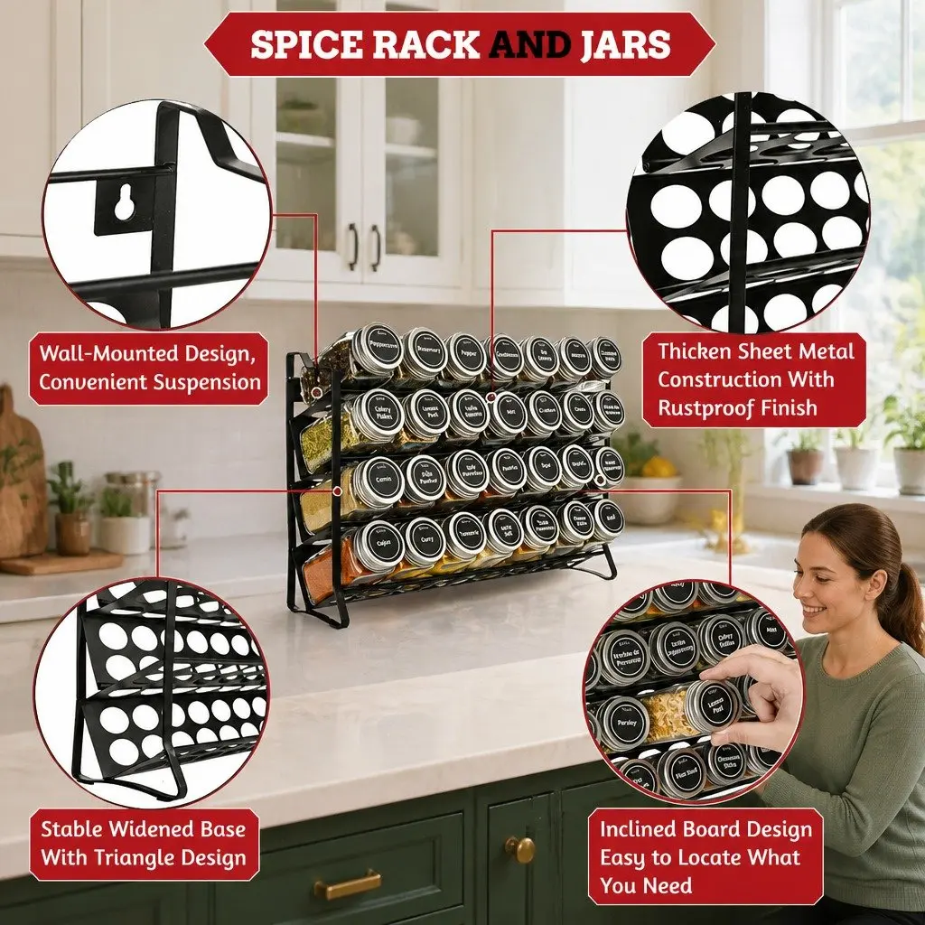 4-Tier Spice Rack Organiser with 28 Glass Jars, Labels, Funnel and Marker for