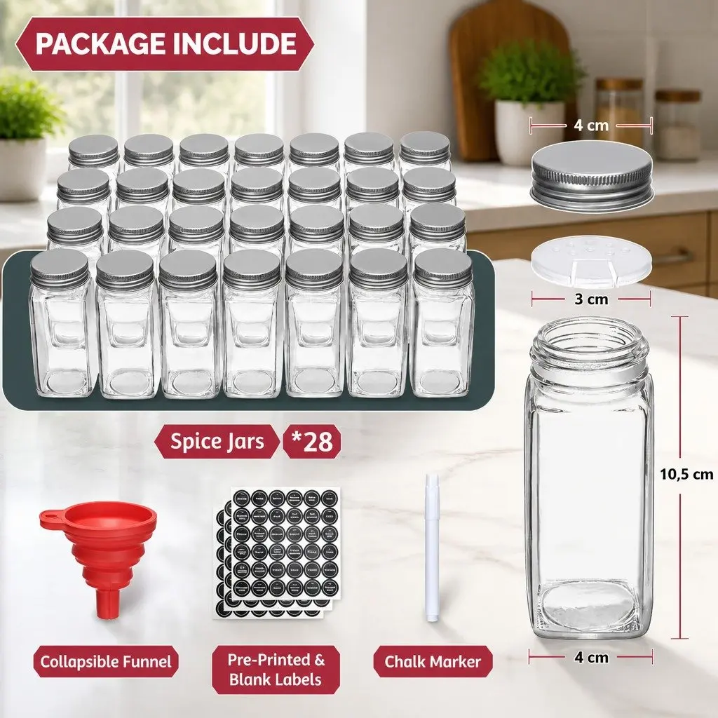 4-Tier Spice Rack Organiser with 28 Glass Jars, Labels, Funnel and Marker for